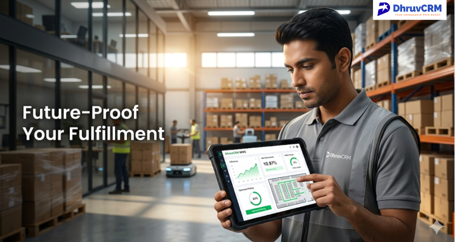 DhruvCRM Warehouse Management System (WMS) dashboard on a tablet showing optimized picking routes and inventory efficiency in a Pune warehouse