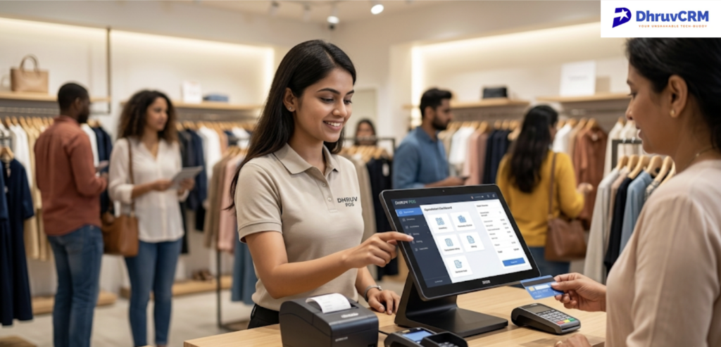 Retail employee operating modern POS software during a checkout transaction. 