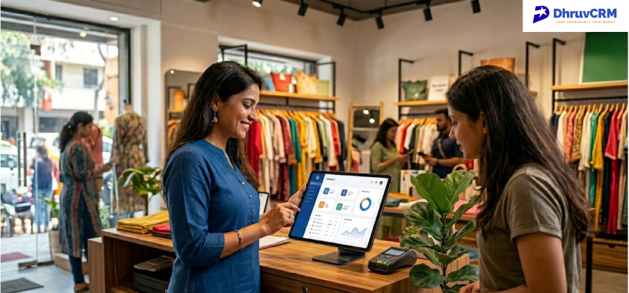 Indian retailer using a smart tablet-based POS for retail business in a modern clothing boutique.